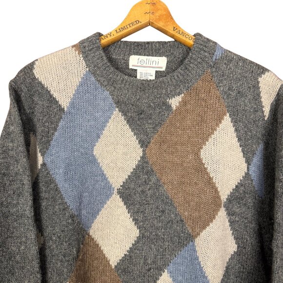 Vintage Argyle Wool Blend Sweater Medium Fellini Grey Academia Knit - Picture 4 of 7